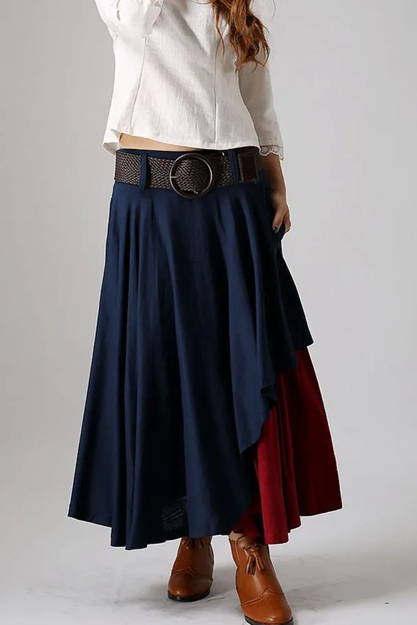 Blue skirt woman  linen skirt custom made layered skirt long skirt 0869#