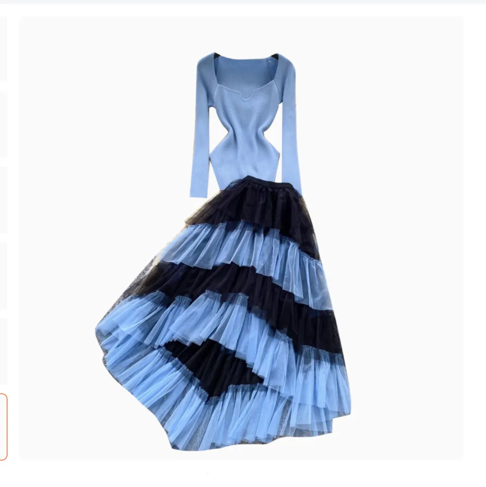 Blue Sweater&Layered Mesh Skirt 2Pcs