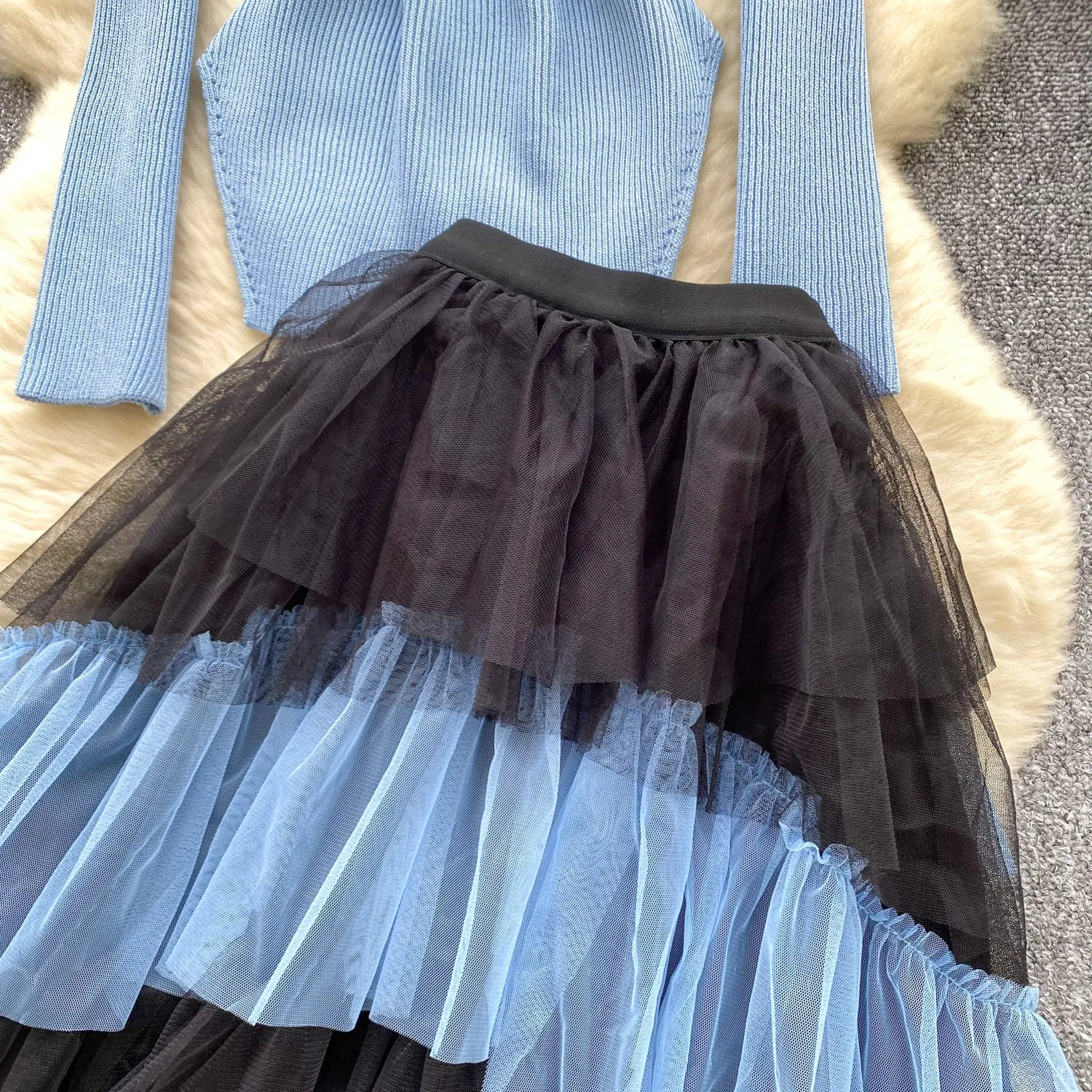 Blue Sweater&Layered Mesh Skirt 2Pcs