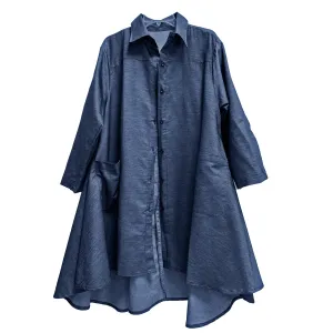 Bohemian Denim Blue Long Sleeve Loose Fit Swing Dress High and Low Hem Shirt Dress With Pockets boho Trench Coat