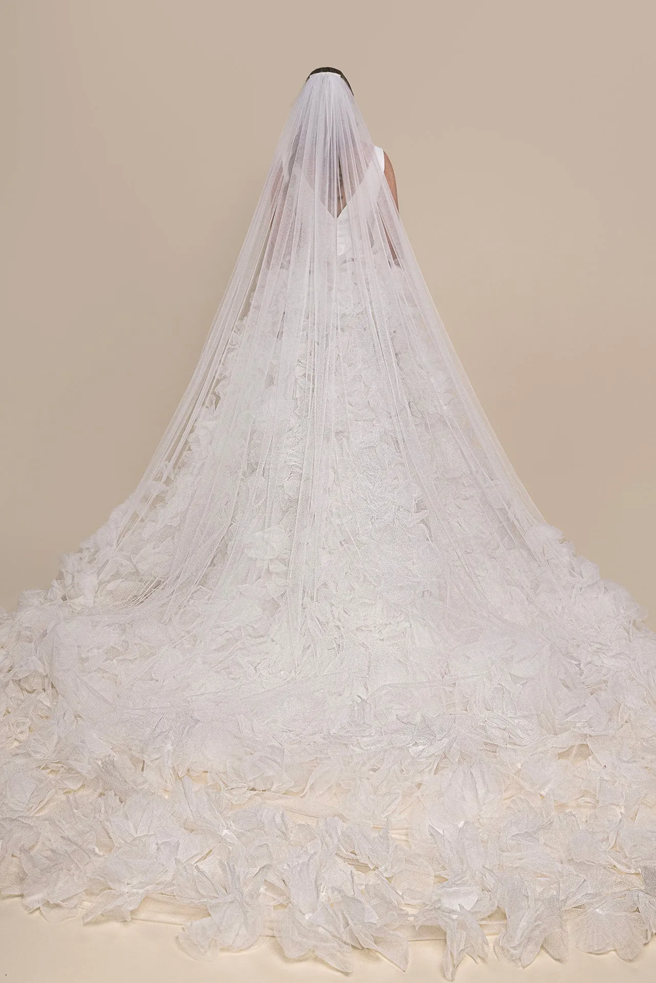 Bridal Gown with V-Neckline, Layered Skirt, Side Slit, and Cathedral-Length Veil