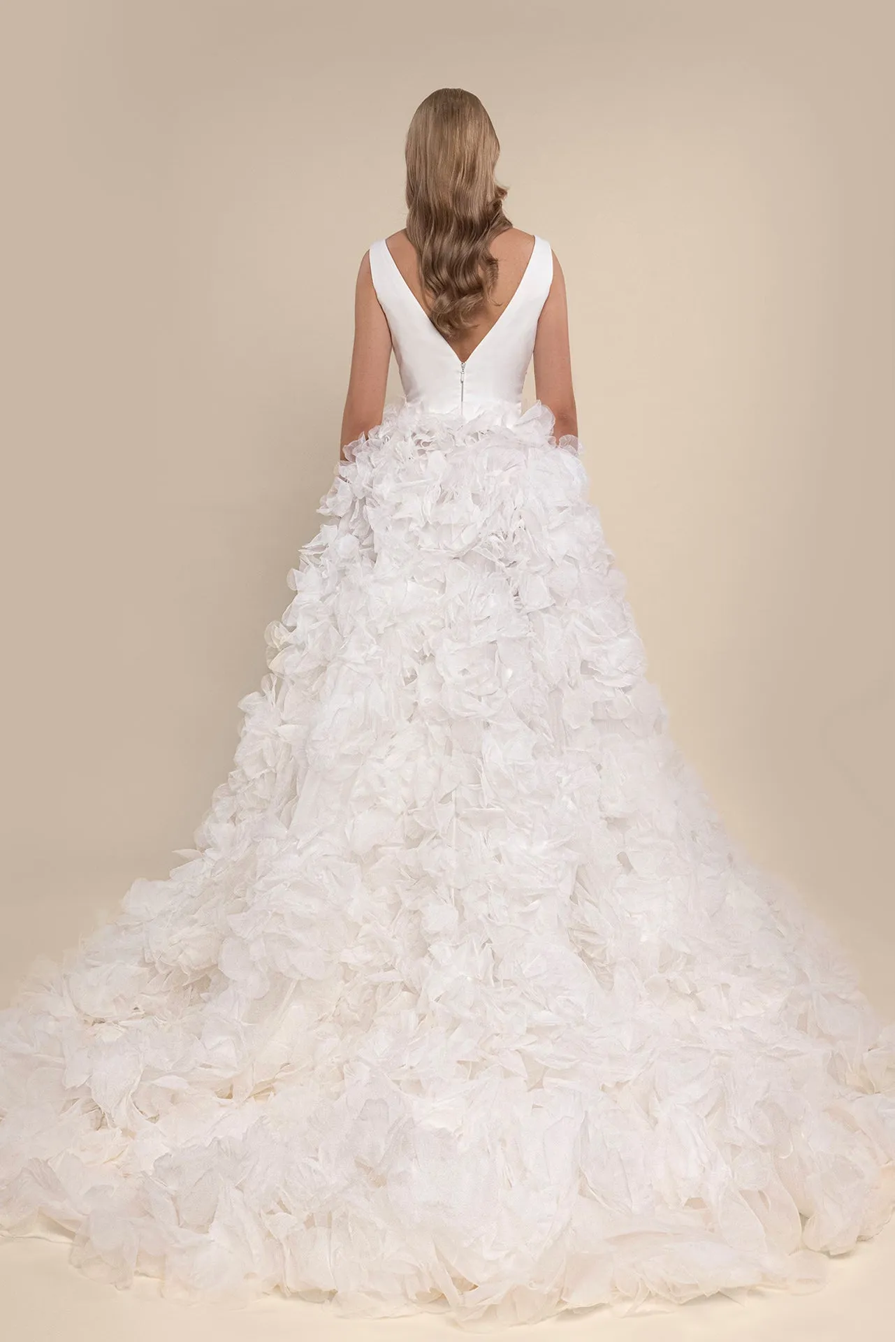 Bridal Gown with V-Neckline, Layered Skirt, Side Slit, and Cathedral-Length Veil