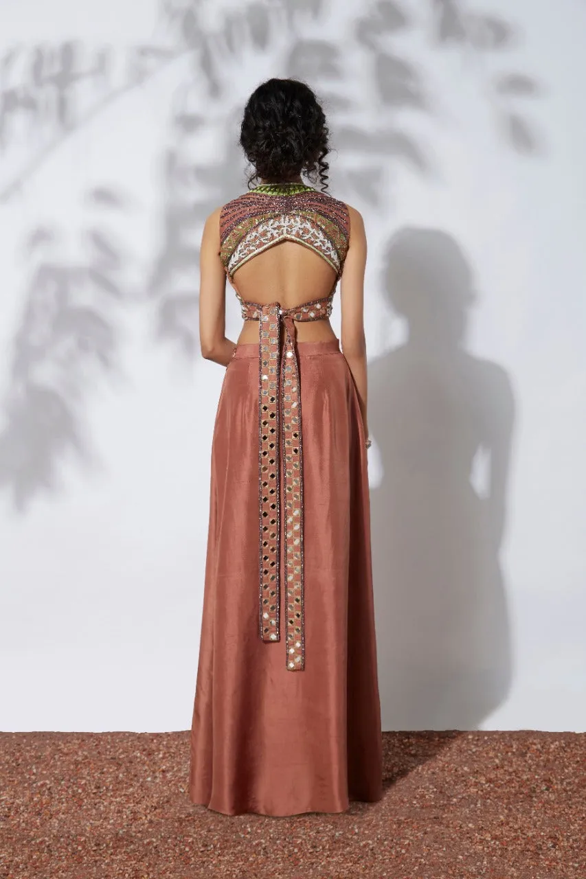 Burnt Orange Skirt With Embroidered Crop Top