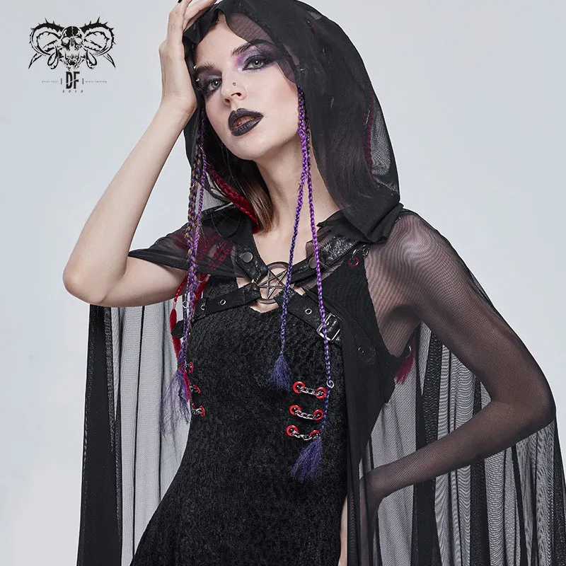 CA030 women hooded transparent long mesh punk cape