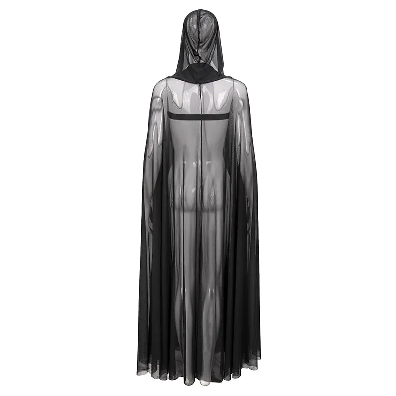 CA030 women hooded transparent long mesh punk cape