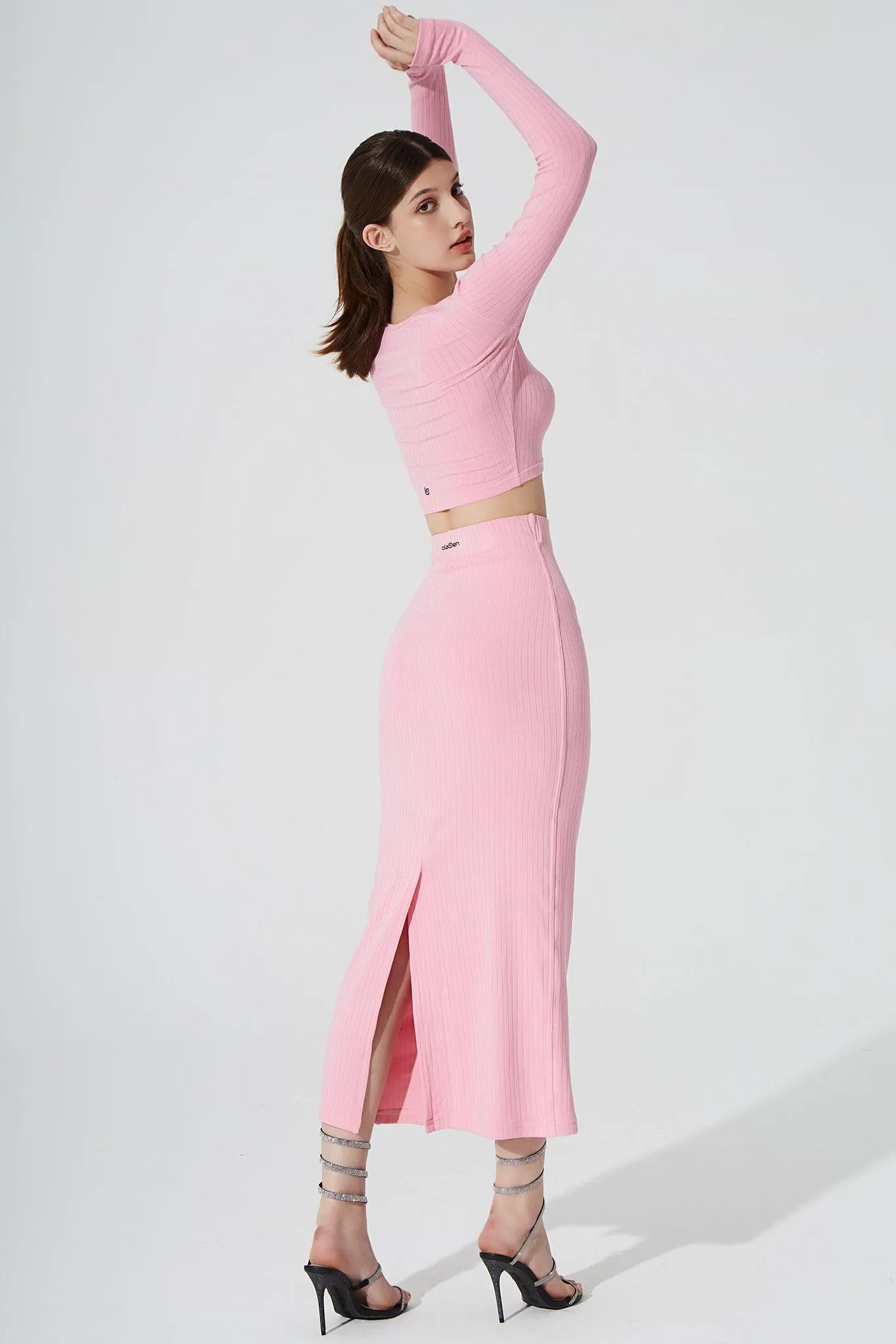 Calista Knitted Slit Skirt - Baby Pink