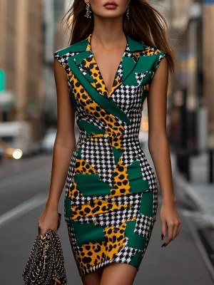 Chic Lapel Leopard Patchwork Chiffon Bodycon Dress