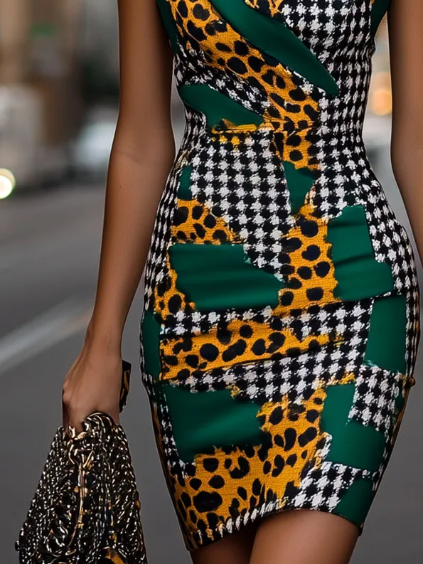 Chic Lapel Leopard Patchwork Chiffon Bodycon Dress