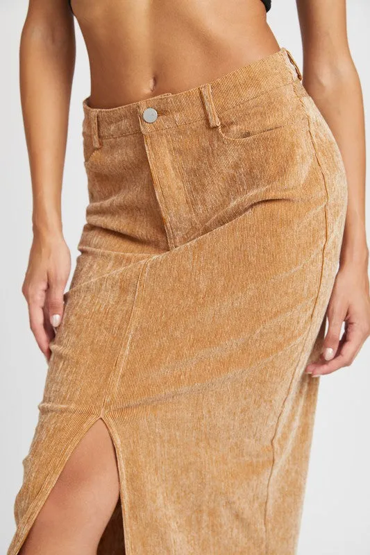 Corduroy Mid Skirt With Front slit