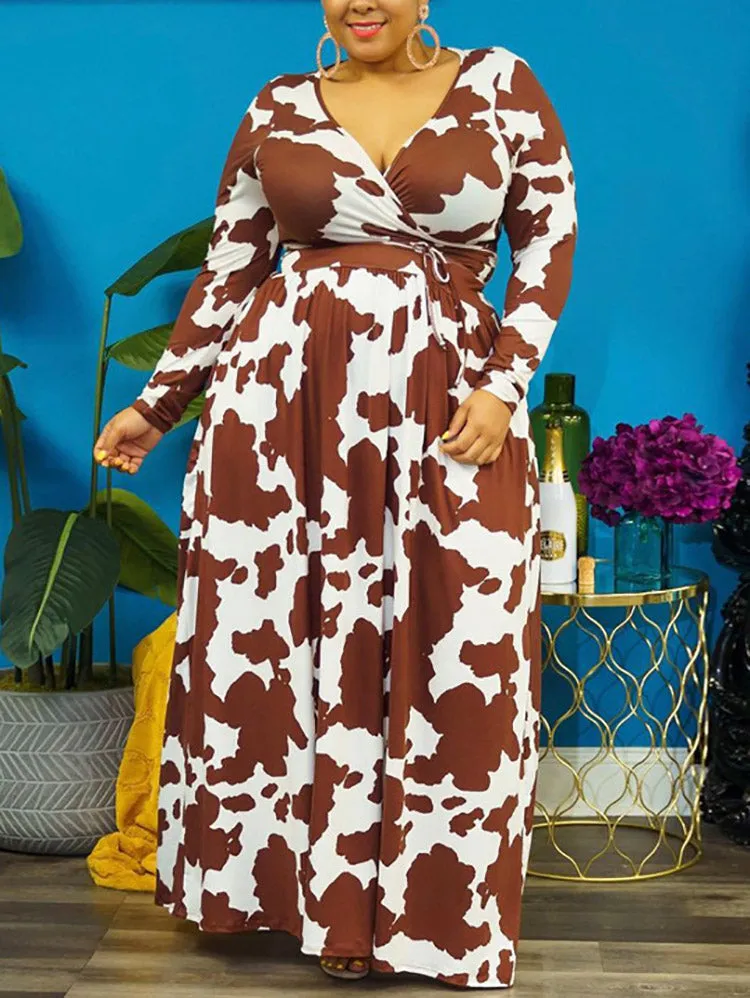 Cow Print V Neck Wrap Dresses