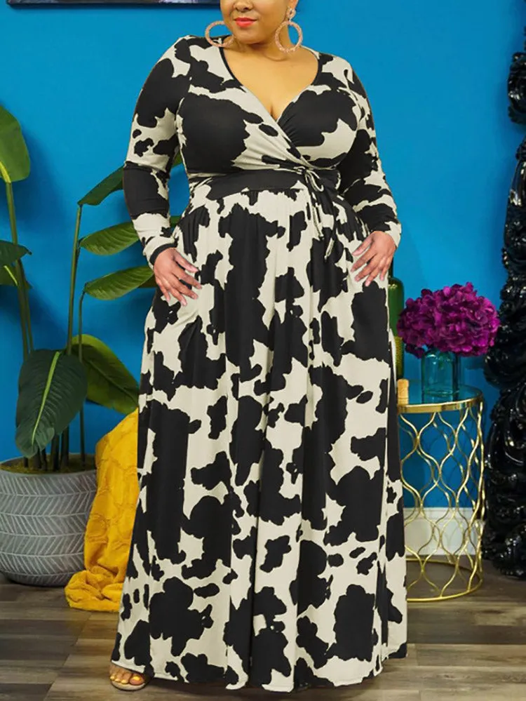 Cow Print V Neck Wrap Dresses