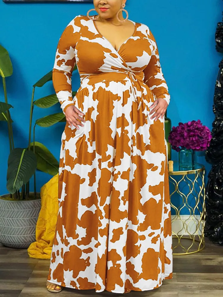 Cow Print V Neck Wrap Dresses