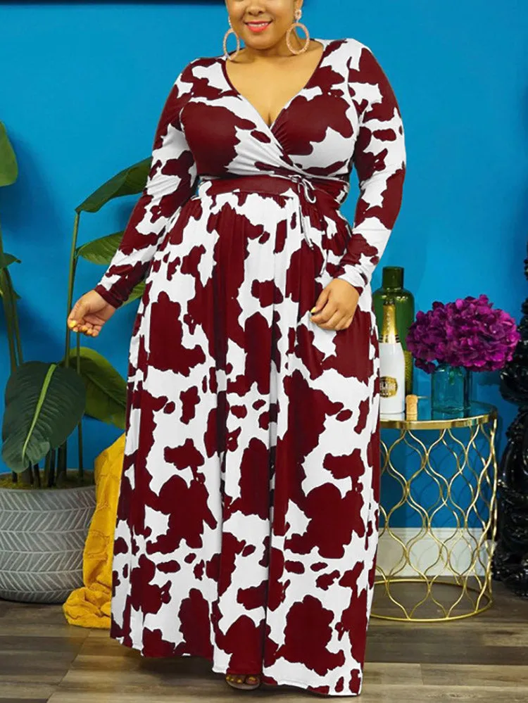 Cow Print V Neck Wrap Dresses