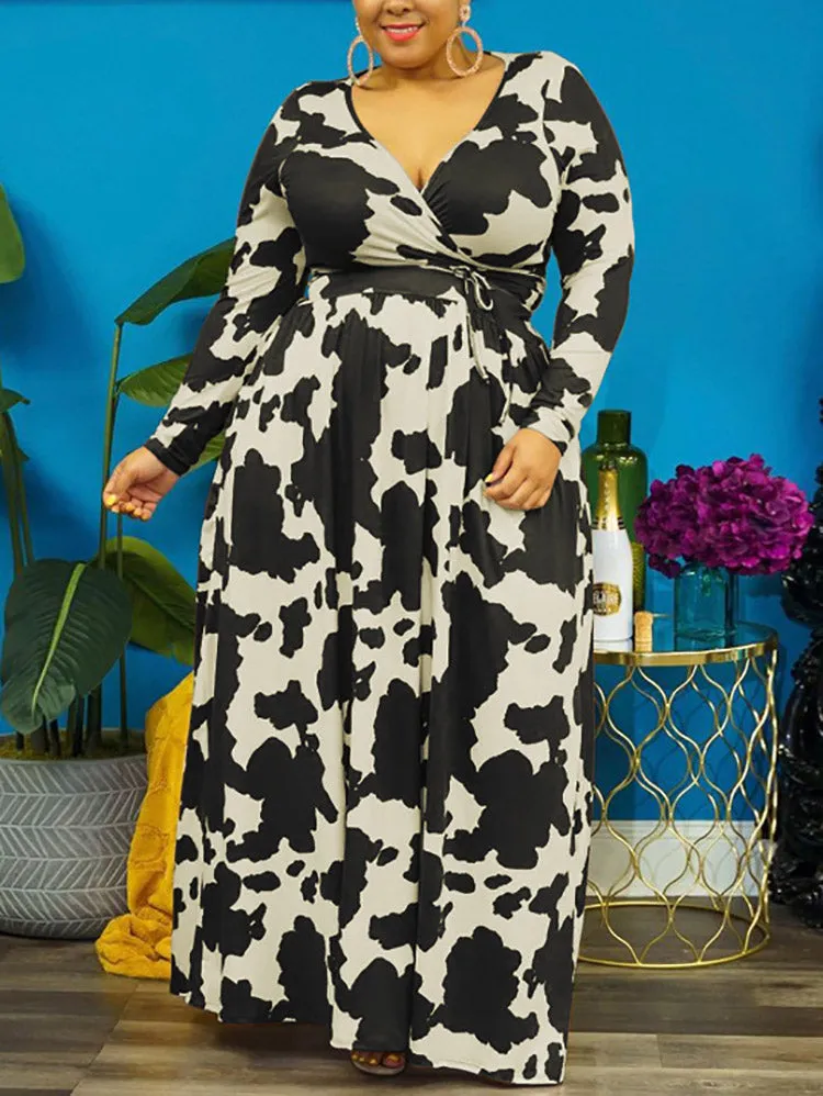 Cow Print V Neck Wrap Dresses
