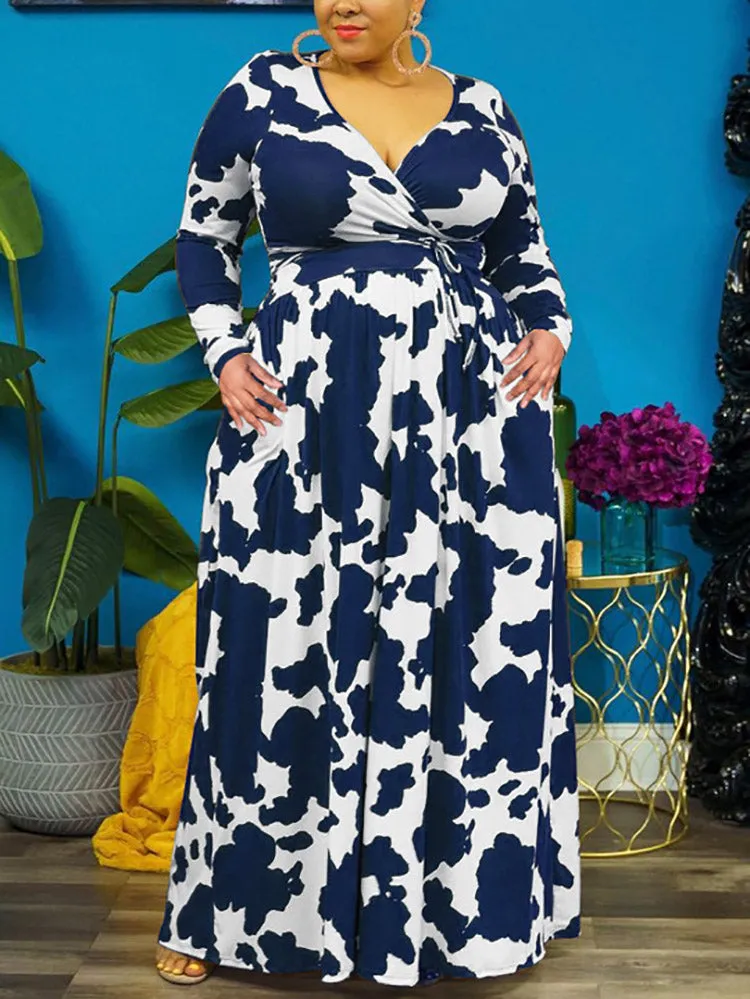 Cow Print V Neck Wrap Dresses