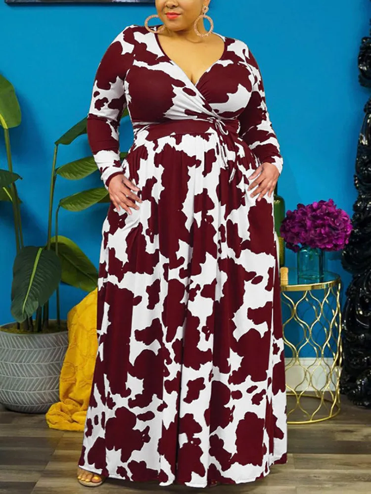 Cow Print V Neck Wrap Dresses