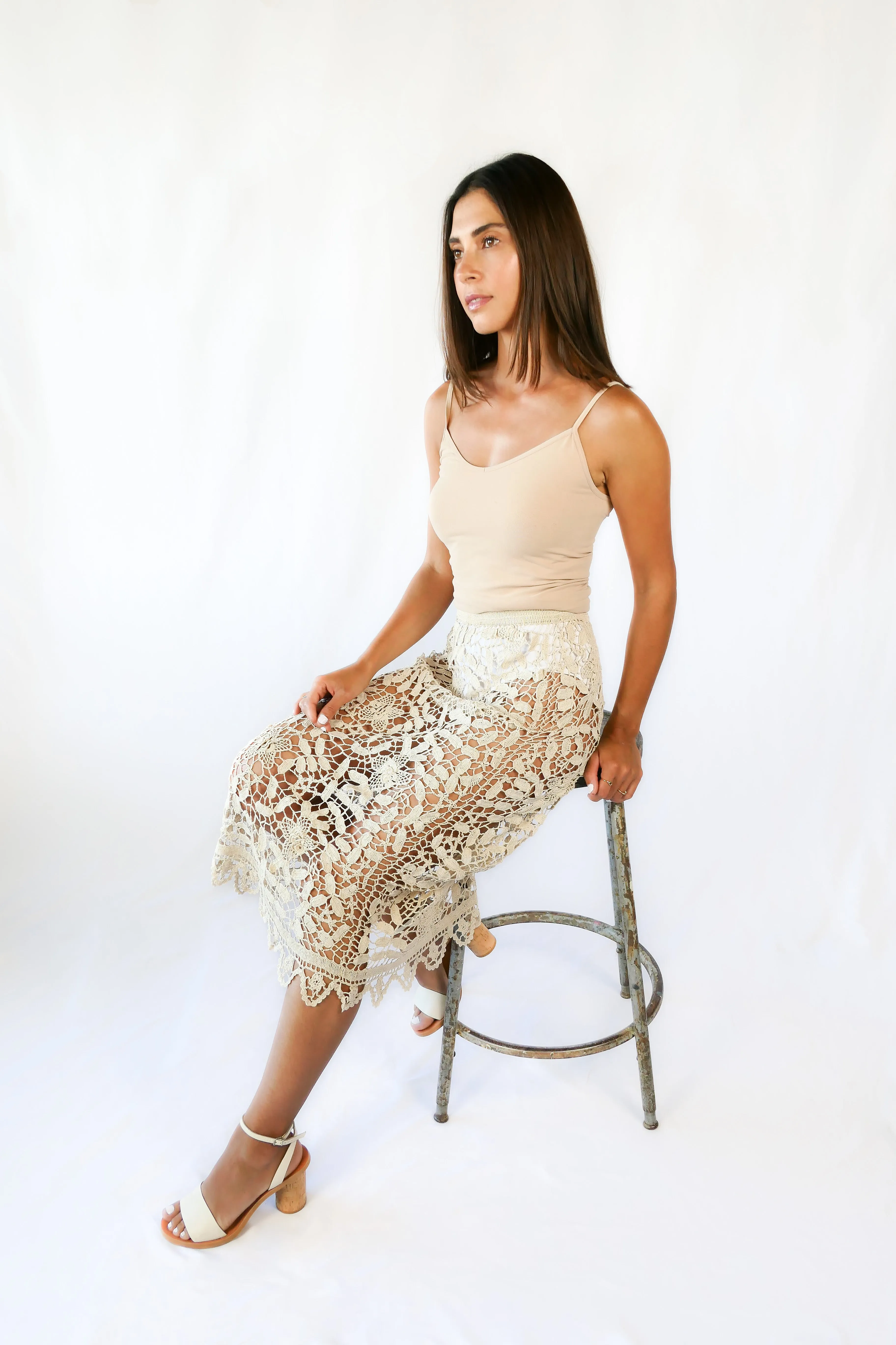 Crochet Pencil Skirt with Floral Motif and Embellished Hem