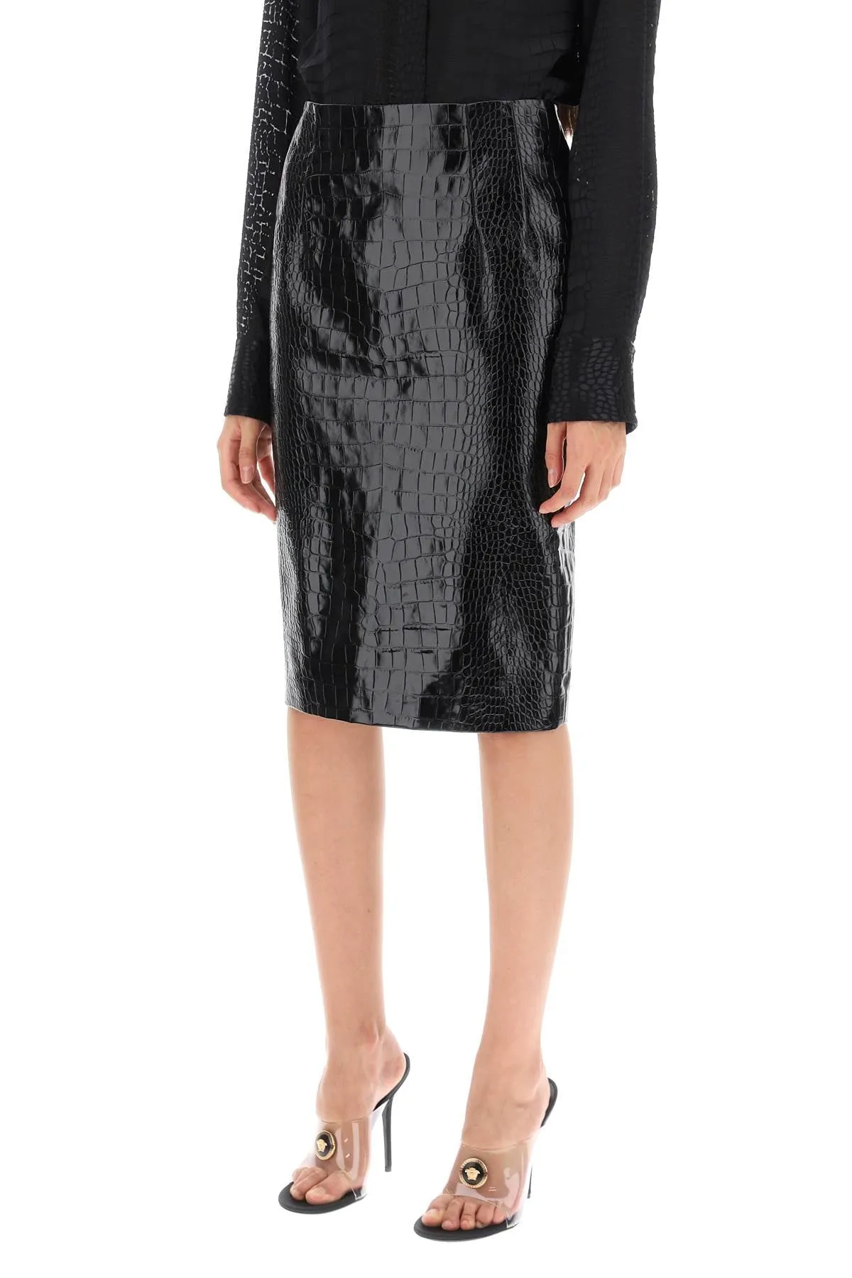 croco-effect leather pencil skirt