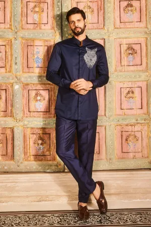 Dark Blue Embroidered Shirt And Pant Set
