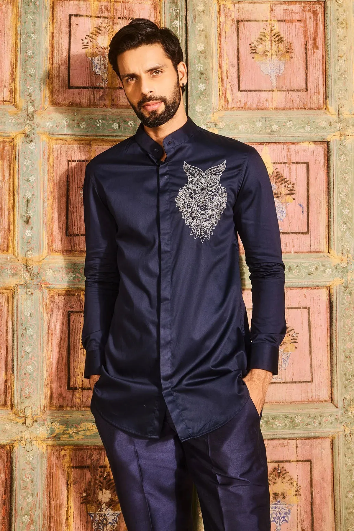 Dark Blue Embroidered Shirt And Pant Set