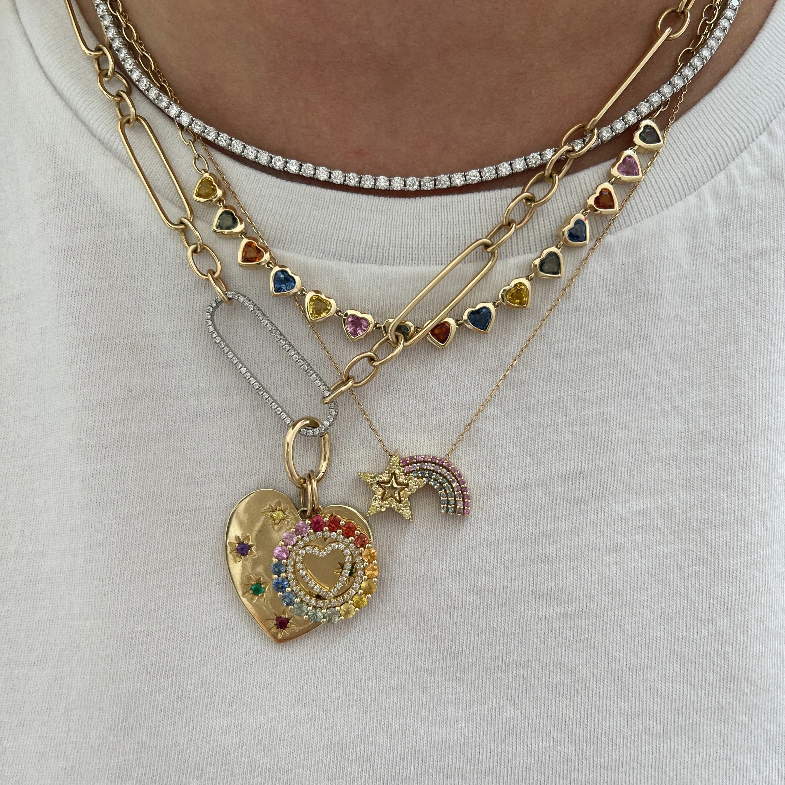 Diamond and Sapphire Rainbow Heart Pendant Charm