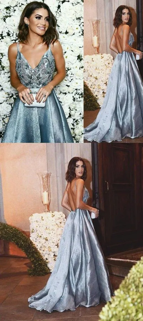 Dusty Blue Backless Rhinestone Bead Spaghetti Straps Prom Dress