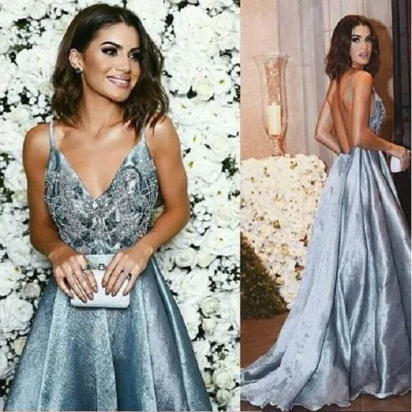 Dusty Blue Backless Rhinestone Bead Spaghetti Straps Prom Dress