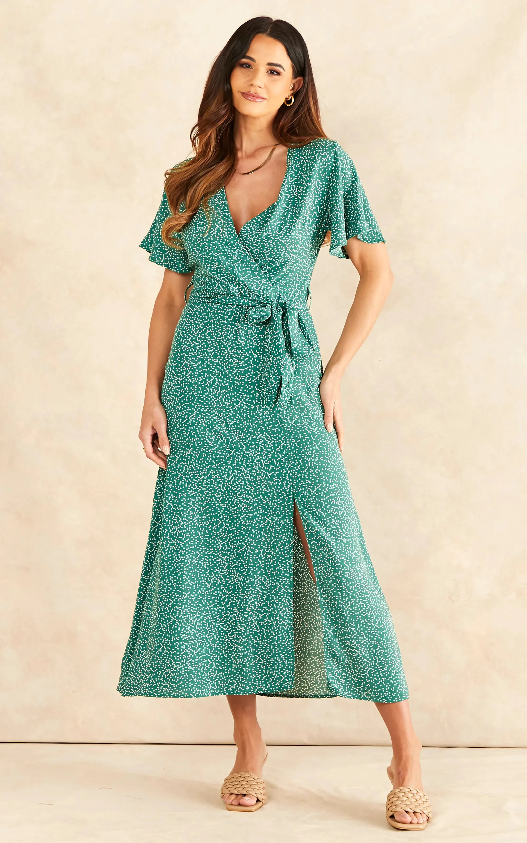 Effortlessly Chic Wrap Midi Dress in Green Polka Dot