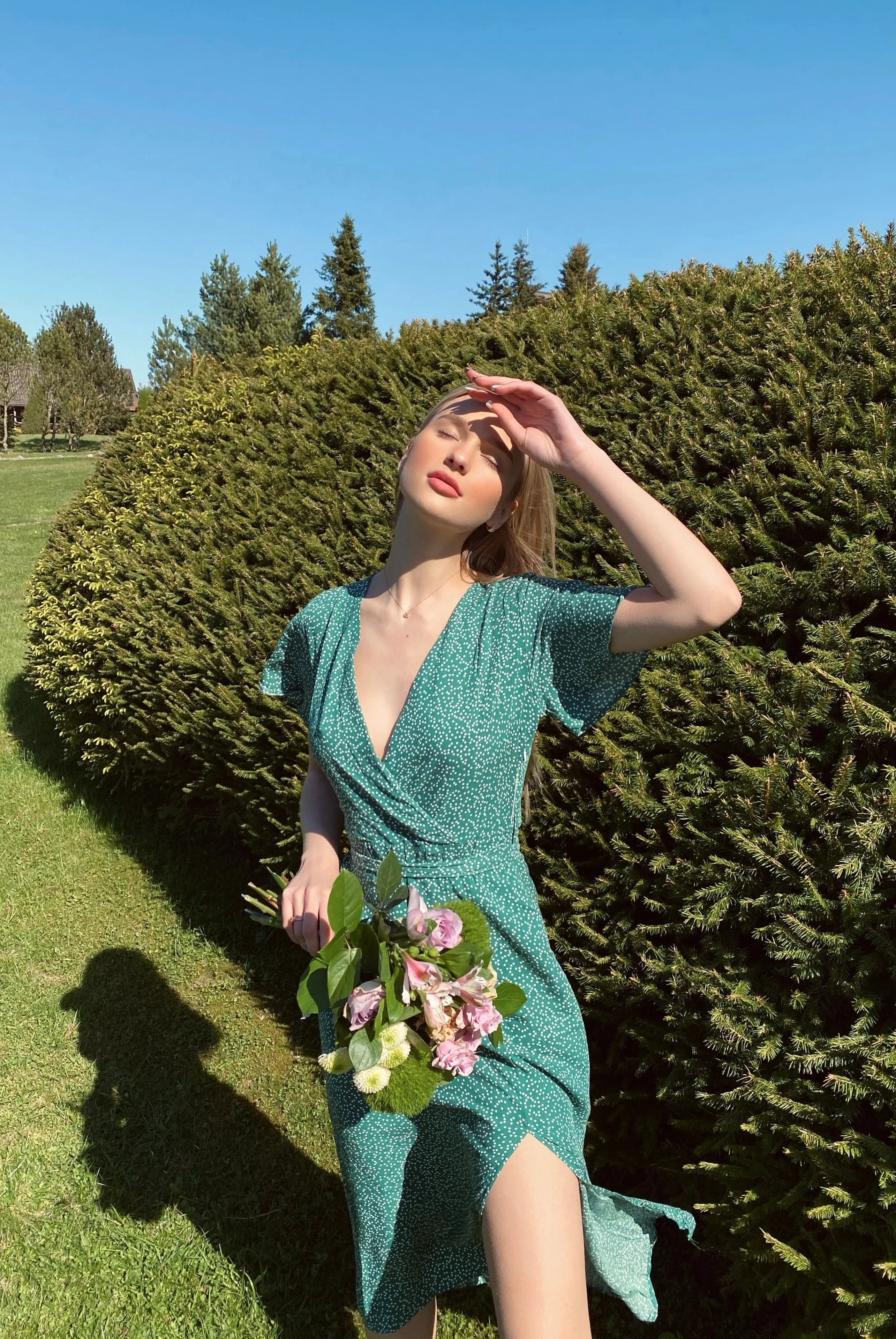 Effortlessly Chic Wrap Midi Dress in Green Polka Dot