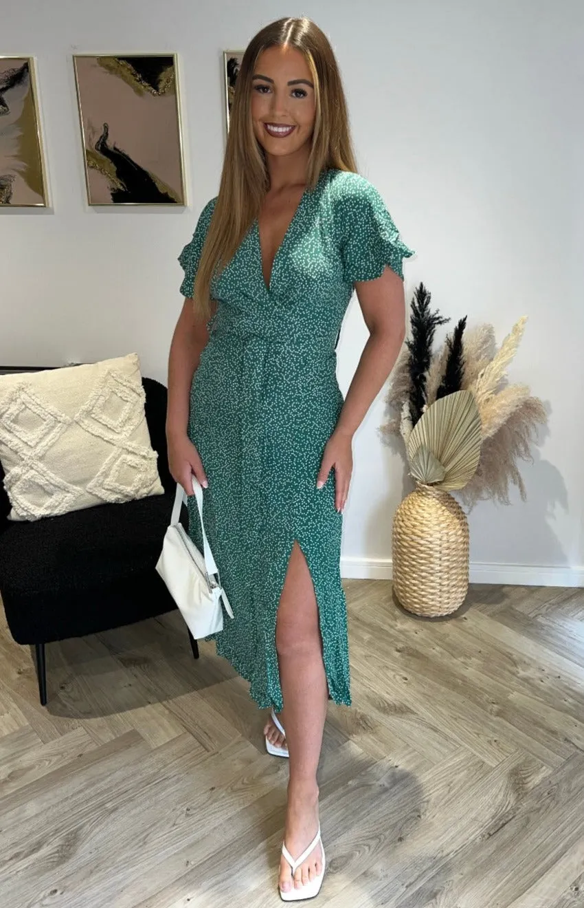 Effortlessly Chic Wrap Midi Dress in Green Polka Dot