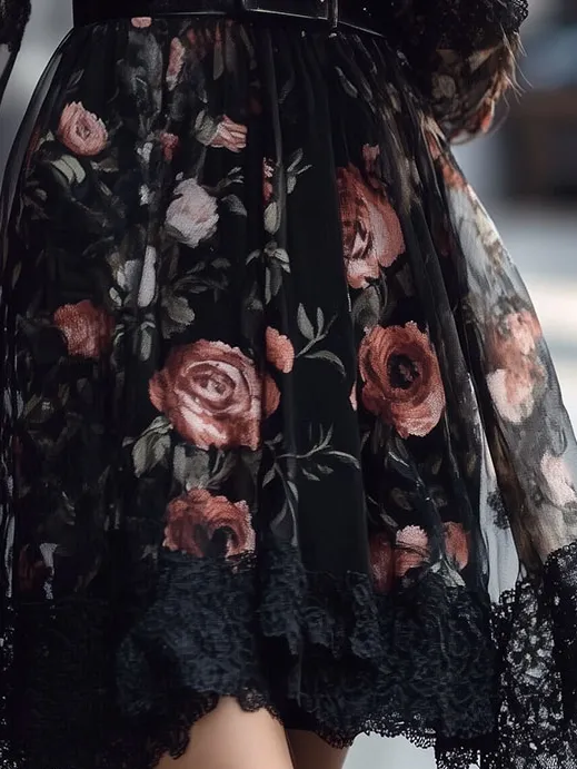 Elegant Floral Printed Lace Sleeve Chiffon Dress