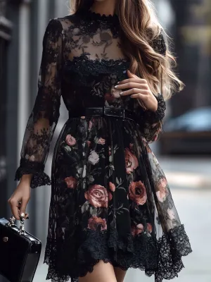 Elegant Floral Printed Lace Sleeve Chiffon Dress