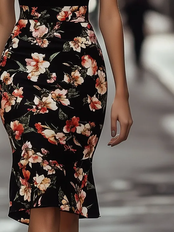 Elegant Floral Printed Patchwork Chiffon Midi Dress