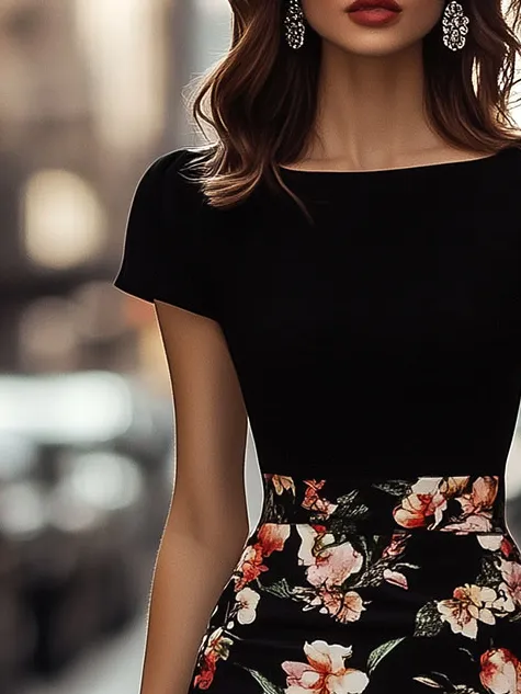 Elegant Floral Printed Patchwork Chiffon Midi Dress