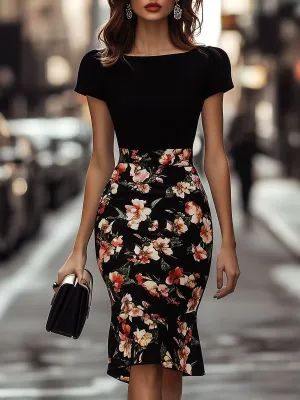 Elegant Floral Printed Patchwork Chiffon Midi Dress