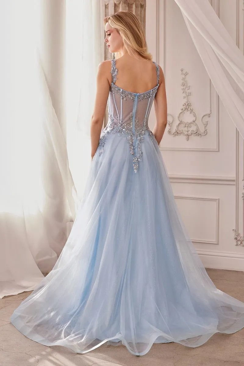 Embellished A-Line Tulle Embroidered Lace Bodice Long Ball Dress CDA1258