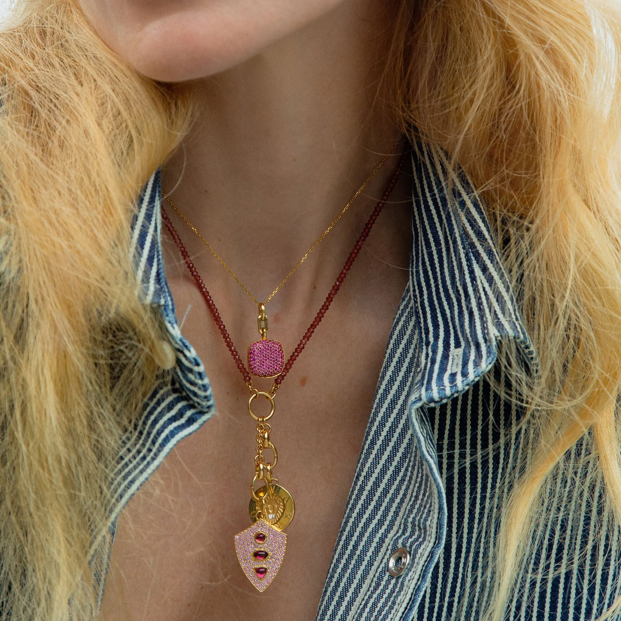 Fearless Shield with Pave Pink Sapphires and Rhodolite