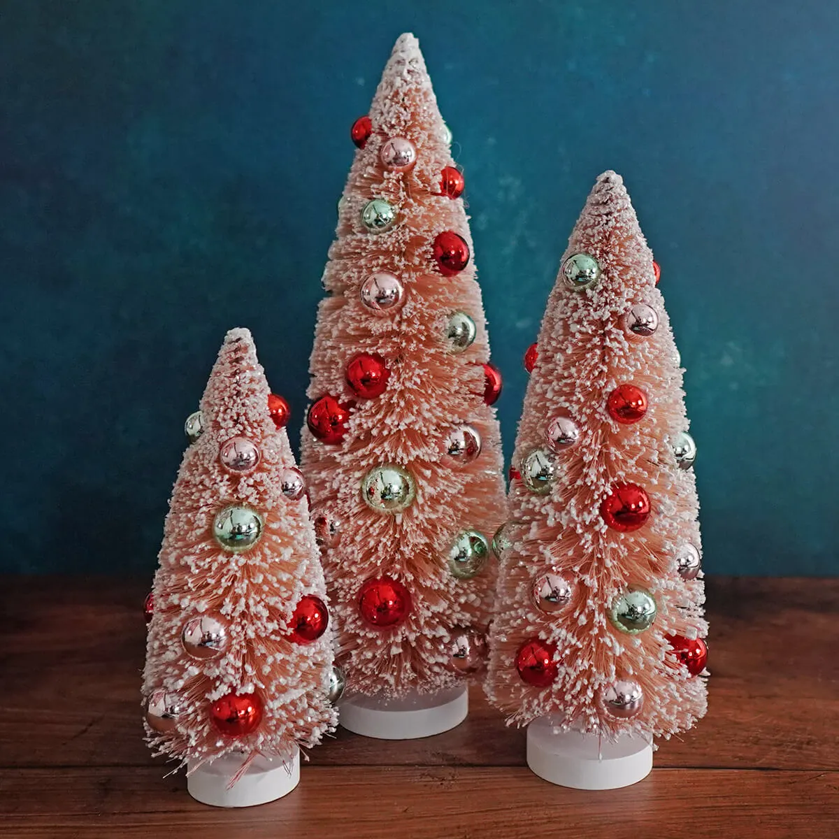 Frosted & Glittered Pink Ornamented Sisal Trees Set/3