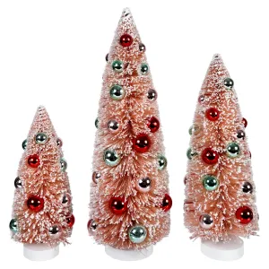 Frosted & Glittered Pink Ornamented Sisal Trees Set/3