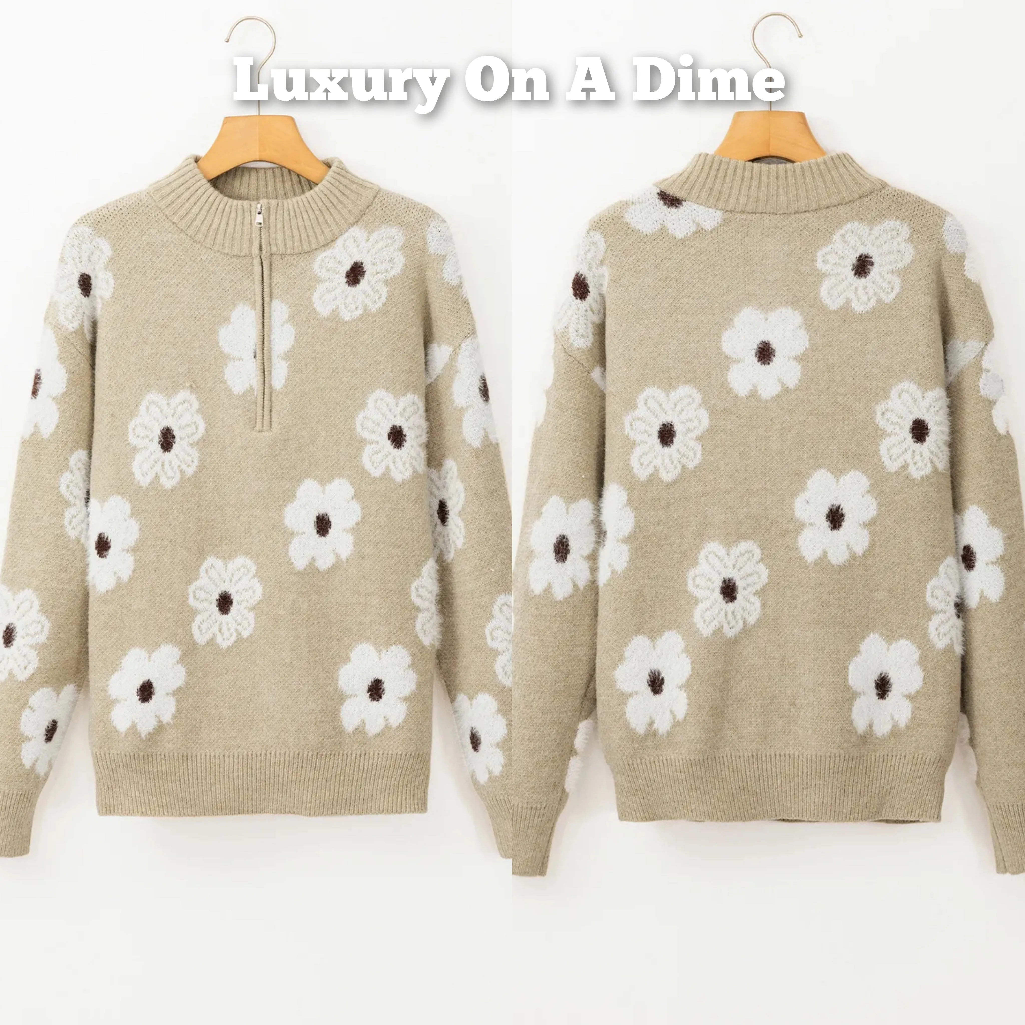 Fuzzy Half-Zip Pullover Daisy Retro Flower Top Eyelash Knit Henley Neck Sweater Shirt