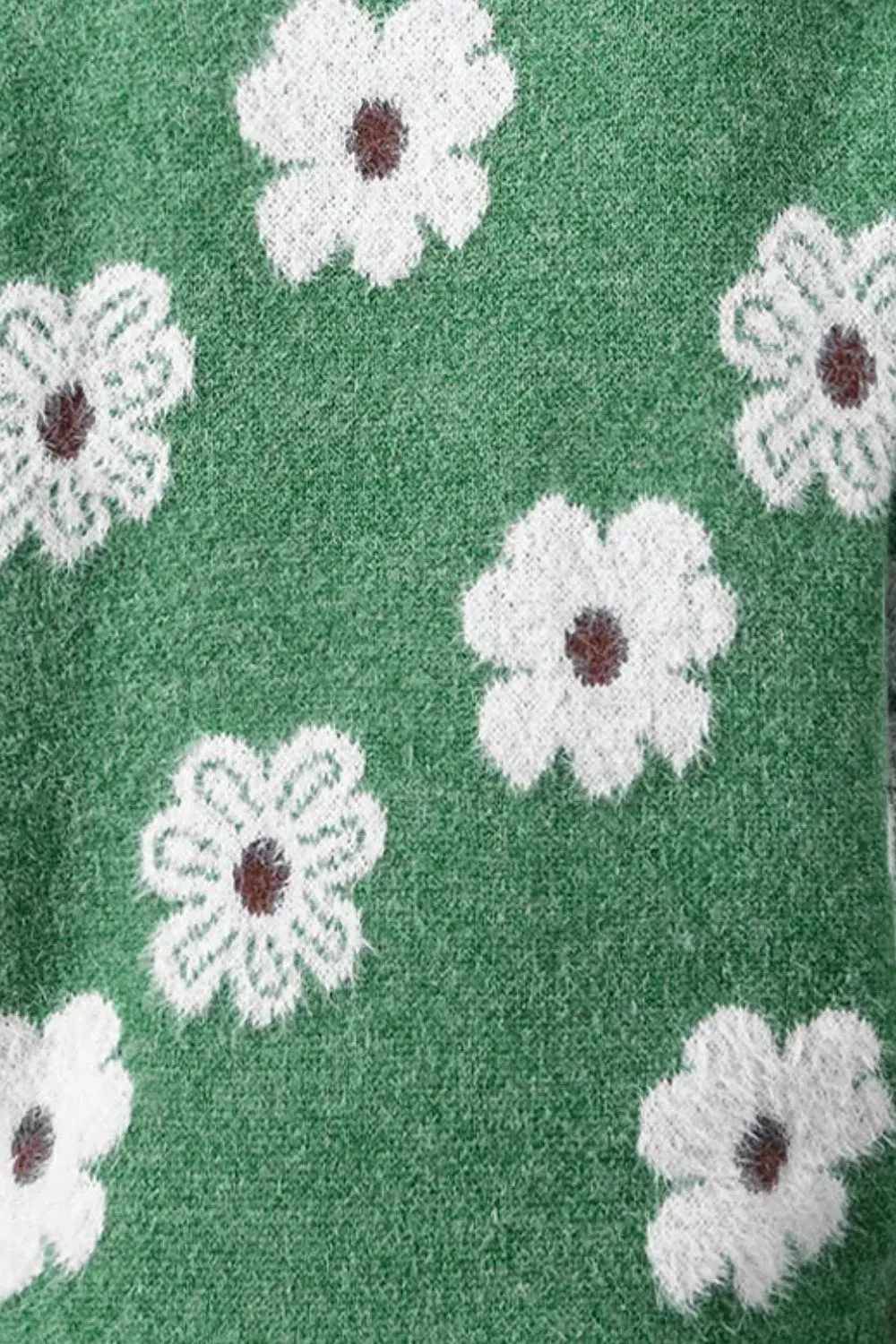 Fuzzy Half-Zip Pullover Daisy Retro Flower Top Eyelash Knit Henley Neck Sweater Shirt