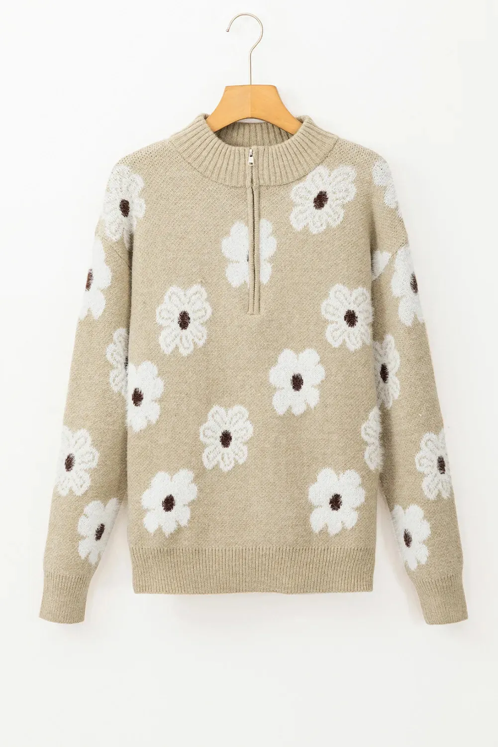 Fuzzy Half-Zip Pullover Daisy Retro Flower Top Eyelash Knit Henley Neck Sweater Shirt