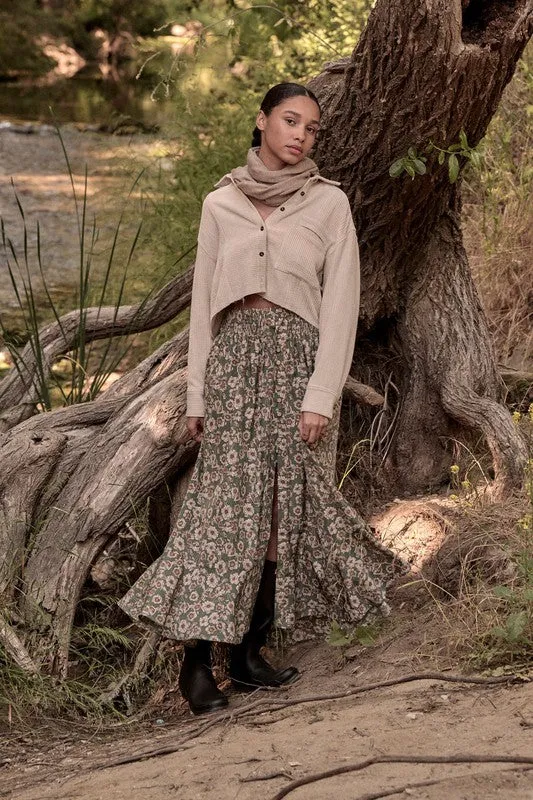 Garden Dreamer Tiered Floral Maxi Skirt - Green