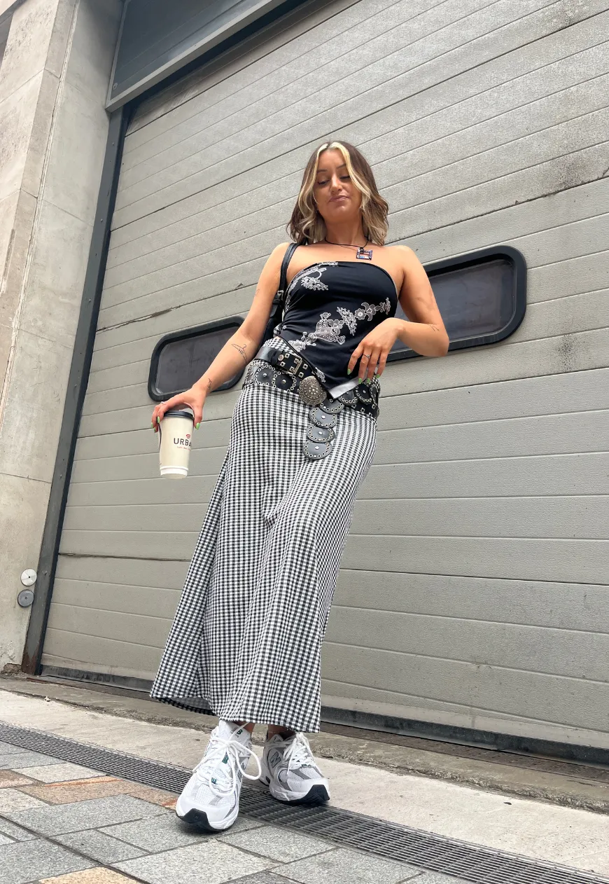 GINGHAM MID-RISE MAXI SKIRT