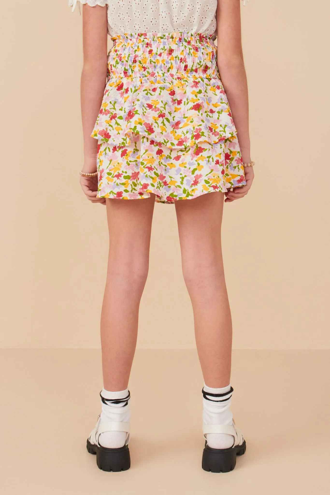 Girls Floral Textured Smocked Waist Layered Skirt