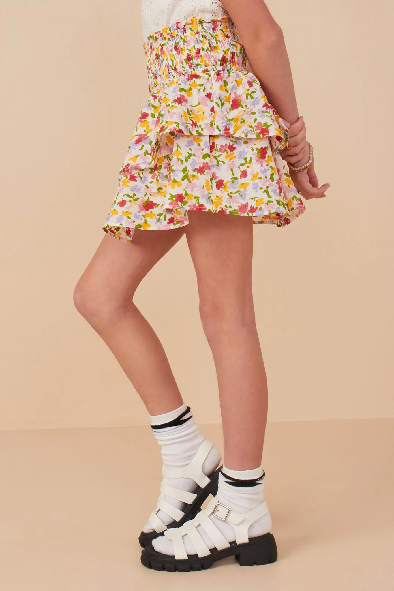 Girls Floral Textured Smocked Waist Layered Skirt