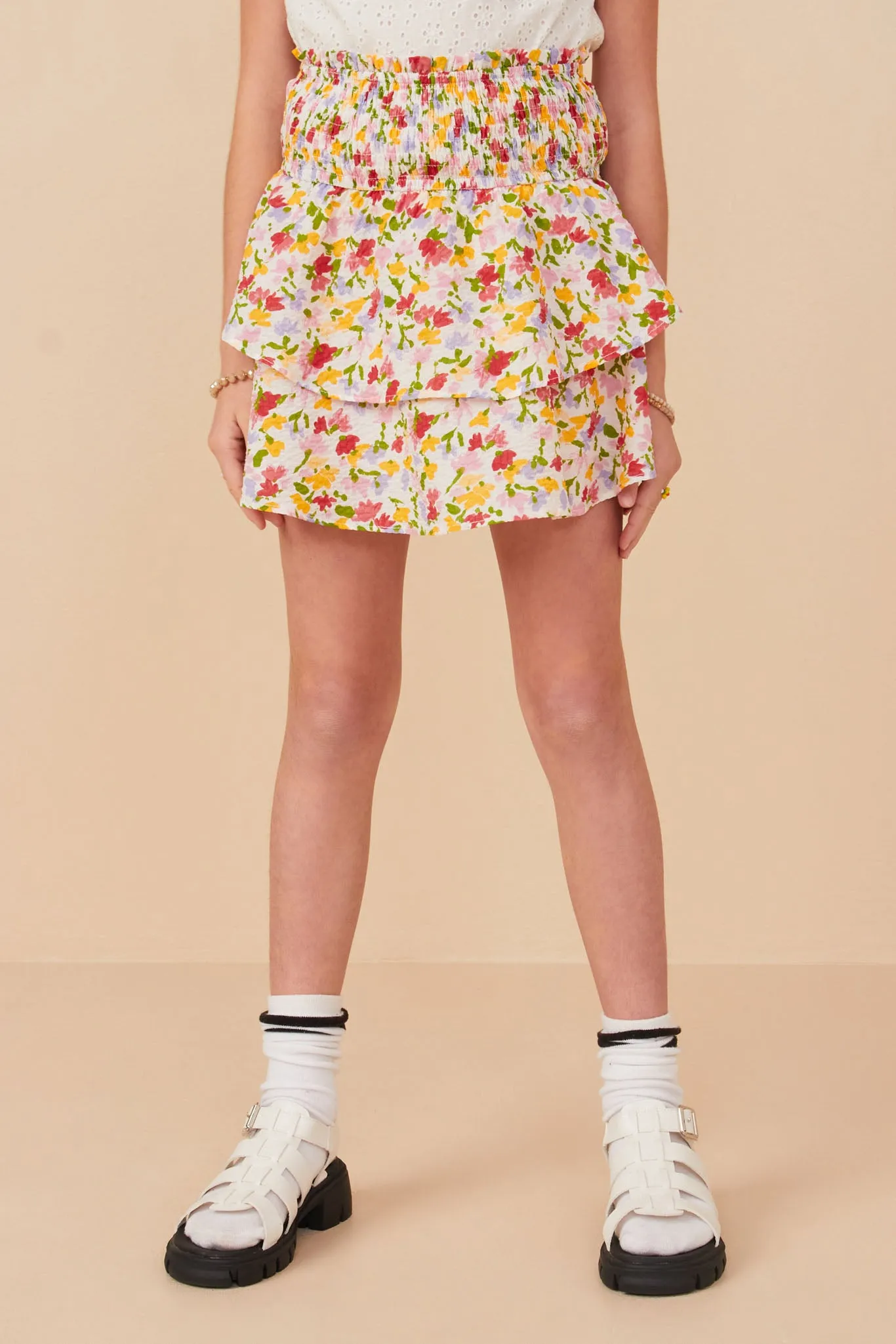 Girls Floral Textured Smocked Waist Layered Skirt