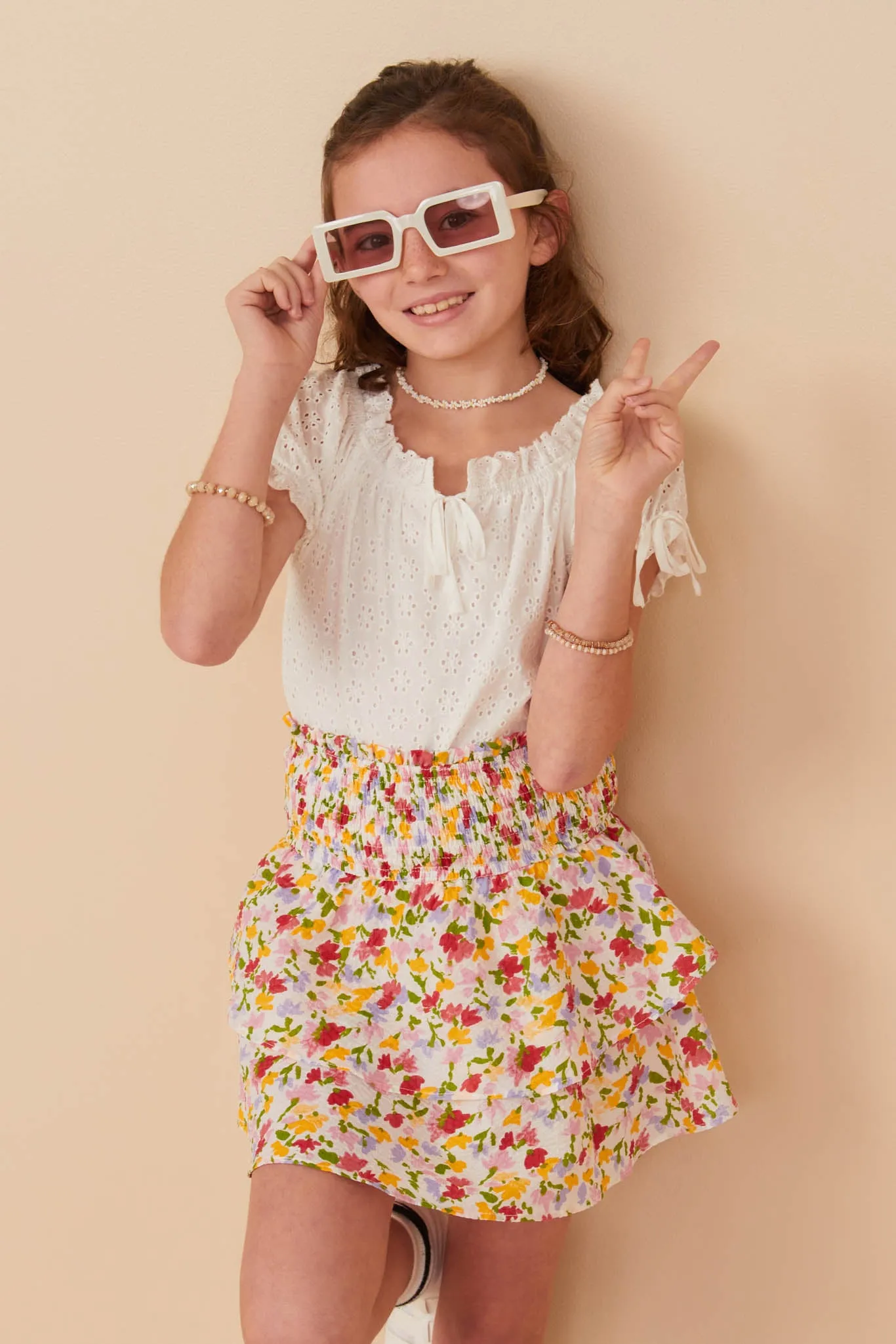 Girls Floral Textured Smocked Waist Layered Skirt