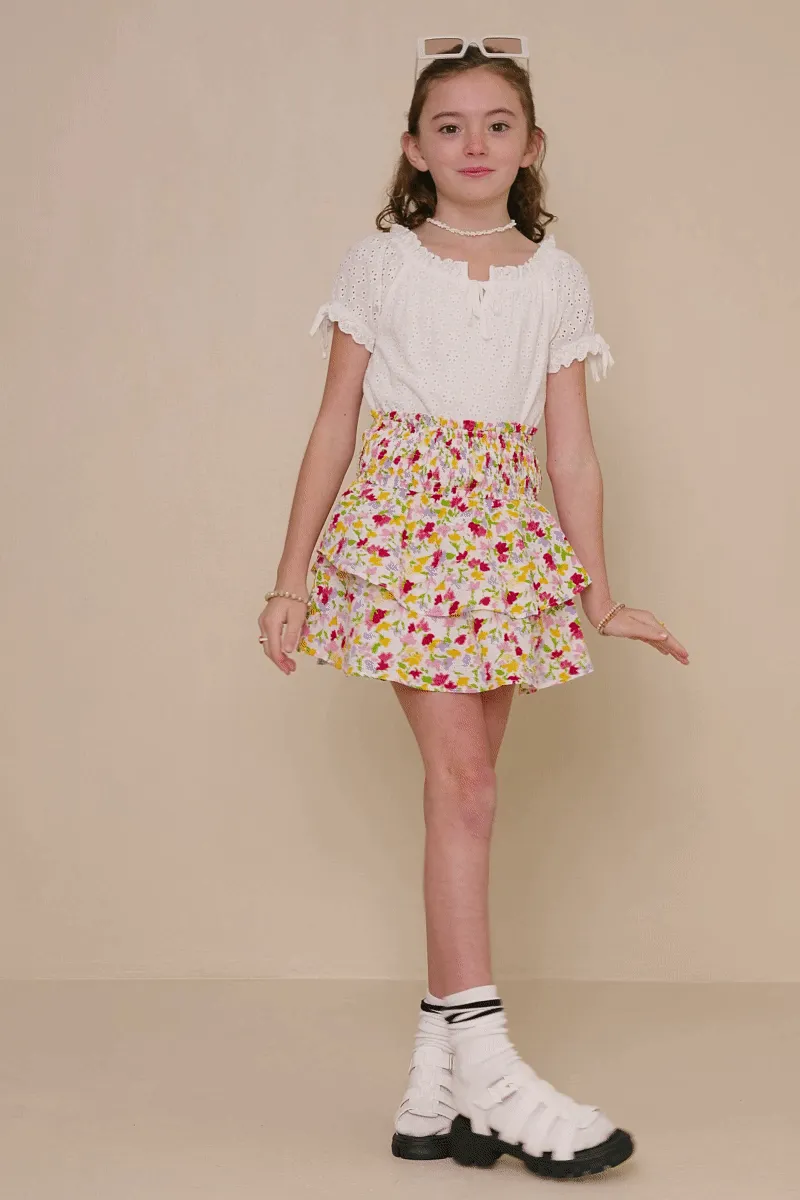 Girls Floral Textured Smocked Waist Layered Skirt