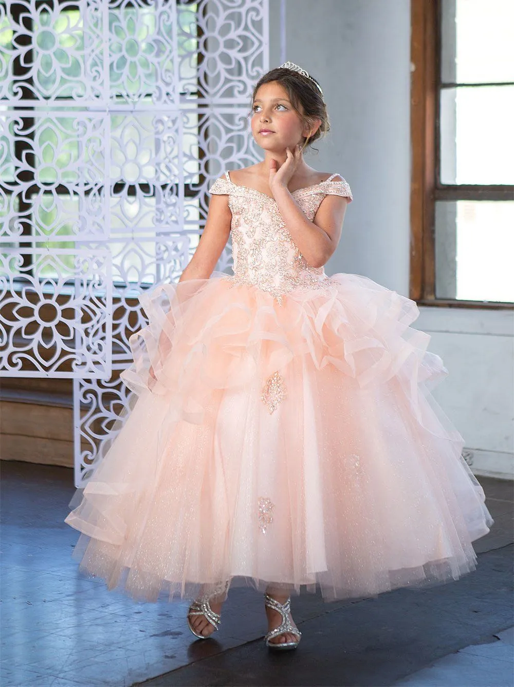 Girls Long Off Shoulder Layered Dress by Calla KY223